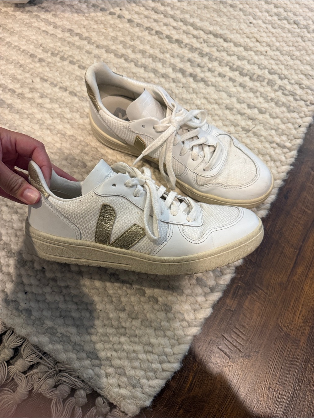 Veja White Leather Sneakers with Gold V Detail